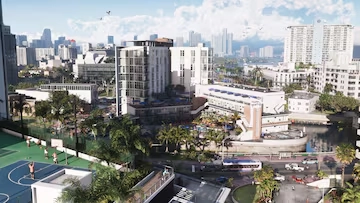 Modern Vice City skyline, apartments and a basketball court in the GTA 6 Leonida map.