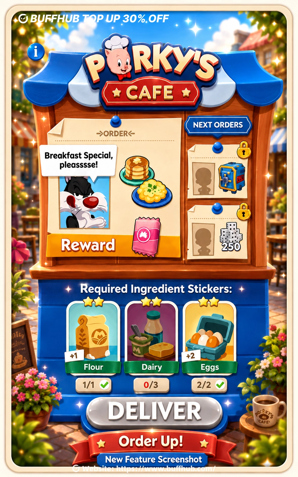 Porky&rsquo;s Cafe Order Up feature screenshot in MONOPOLY GO!, showing a breakfast order, required ingredient stickers, and delivery rewards.