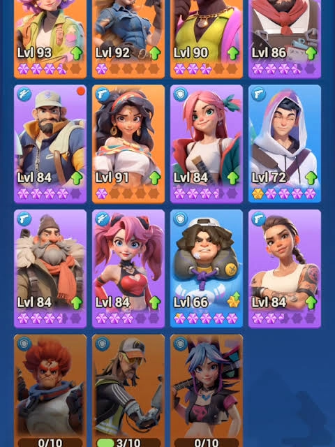 Tiles Survive hero roster showing character levels, star ranks, and available units for team development.