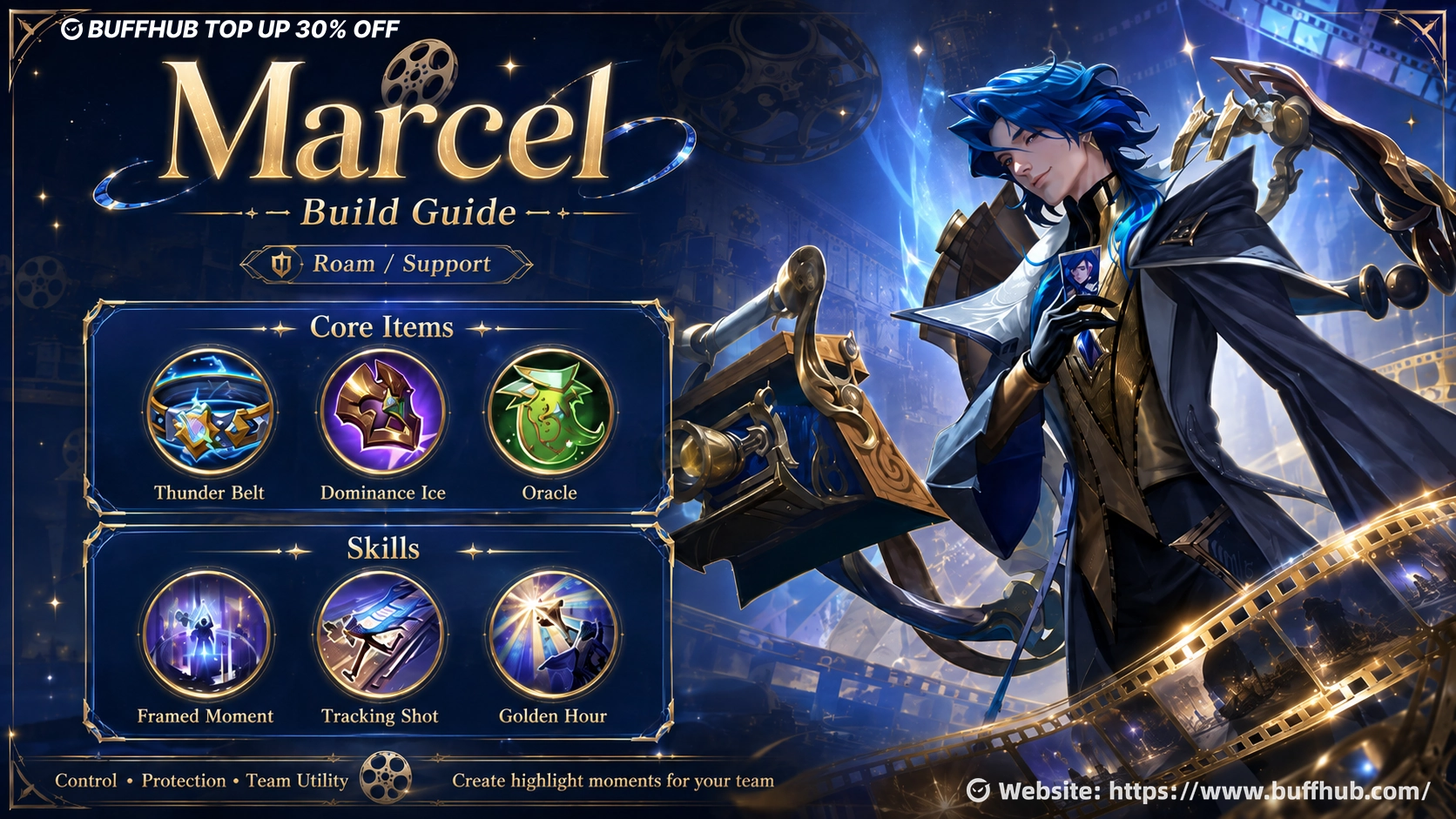Marcel build guide infographic for MLBB, showing core items and skills beside Marcel artwork in a blue-and-gold game-style design.