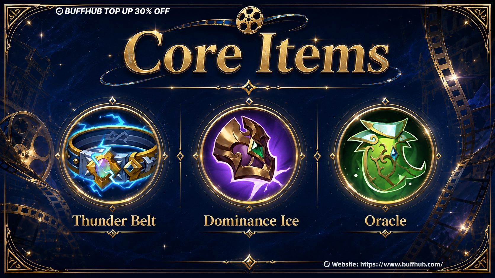 Core Items infographic for Marcel in MLBB, featuring Thunder Belt, Dominance Ice, and Oracle in a blue-and-gold cinematic layout.