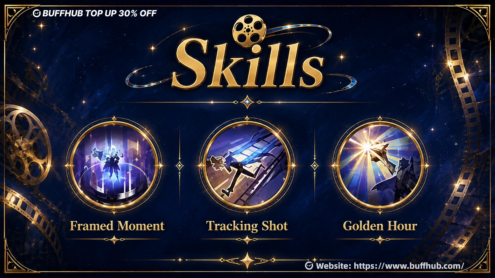 Skills infographic for Marcel in MLBB, featuring Framed Moment, Tracking Shot, and Golden Hour in a blue-and-gold cinematic layout.