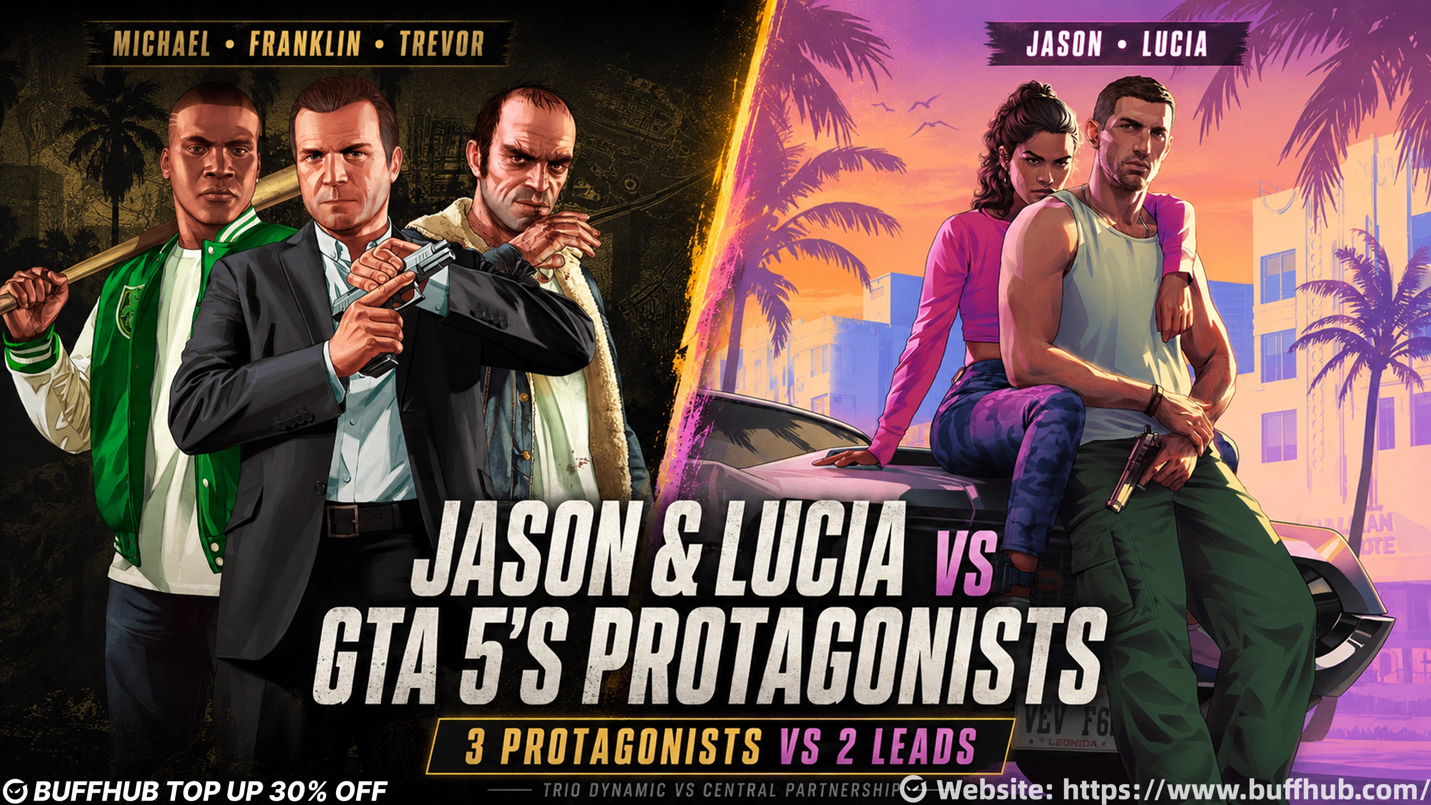 GTA 6 vs GTA 5 protagonists comparison showing Jason and Lucia alongside Michael, Franklin, and Trevor from GTA V