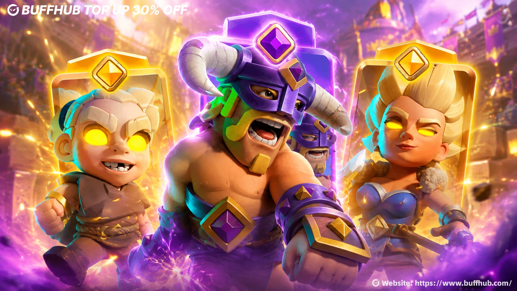Clash Royale Season 86 K.H.A.O.S. artwork featuring three new characters in a glowing battle arena.