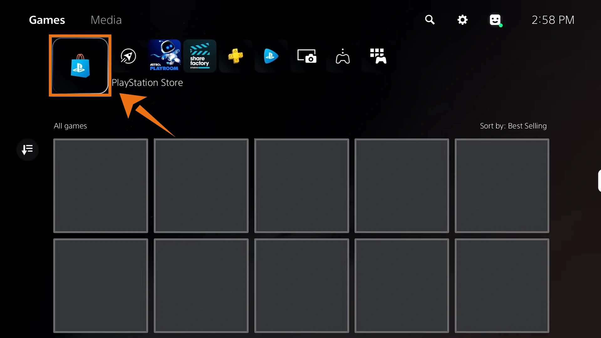 Расположение PlayStation Store на главном экране PS5