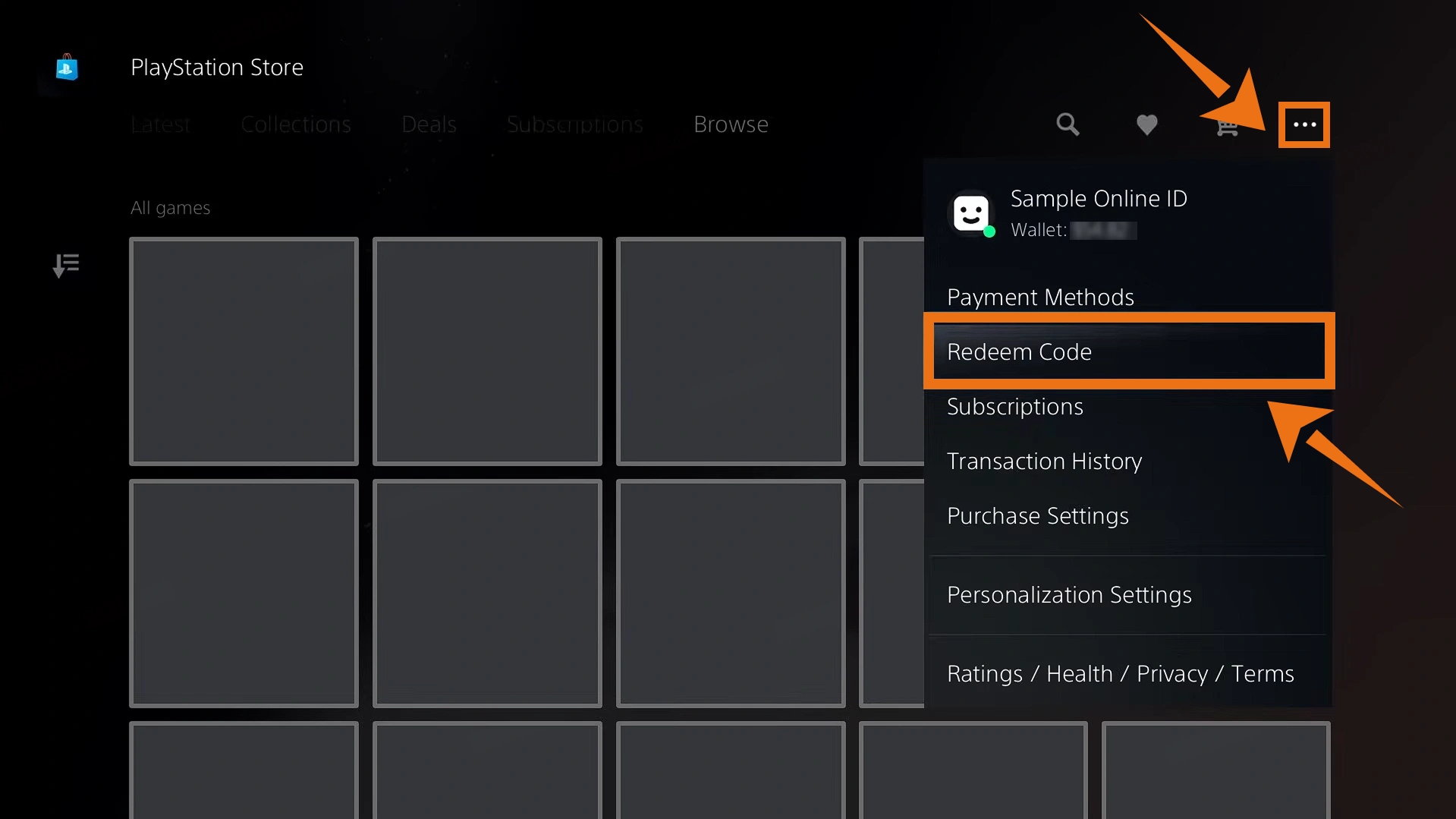 Пункт «Погасить коды» в меню профиля PlayStation Store