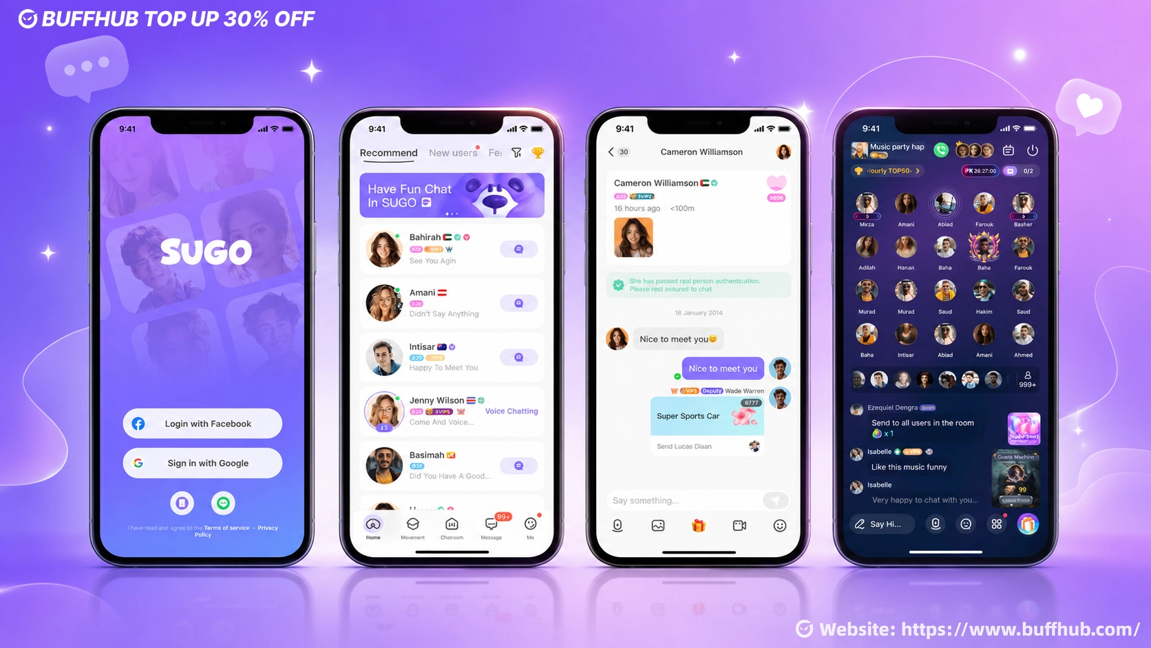 SUGO app screens showing login, chat, messaging, and Party Rooms