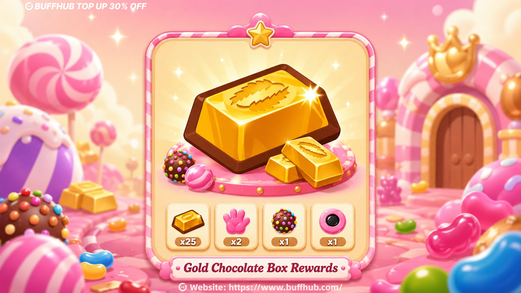 Candy Crush Saga Gold Chocolate Box rewards showing free Gold Bars and boosters