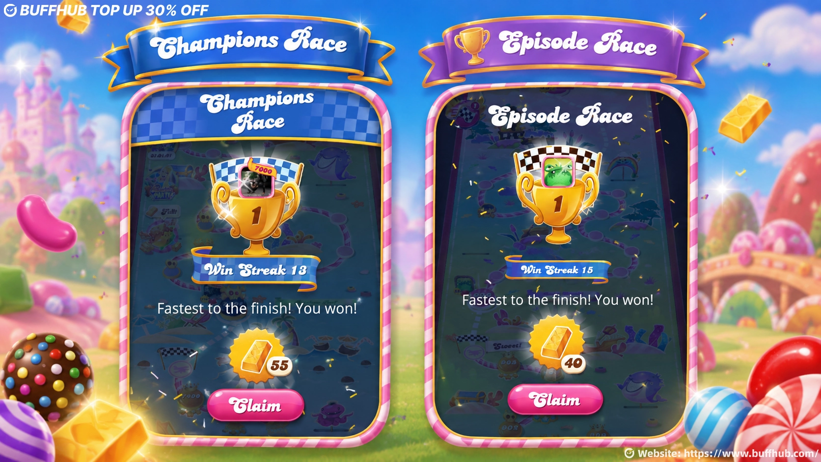 Candy Crush Saga Champions Race and Episode Race reward screen showing free Gold Bars earned from first-place win streak rewards.