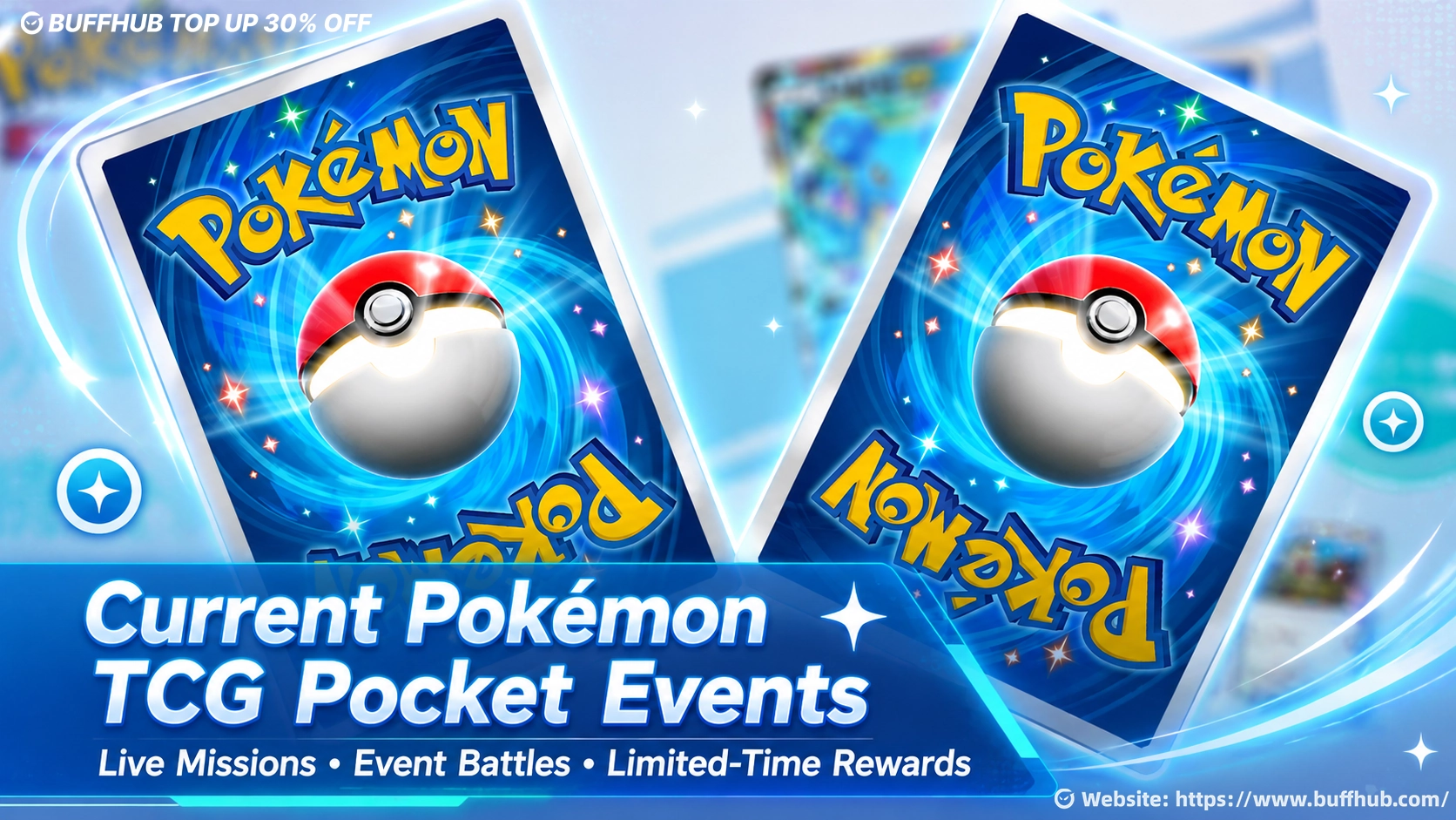 Pok&eacute;mon TCG Pocket current events featuring trading card backs, live missions, event battles, and limited-time rewards.