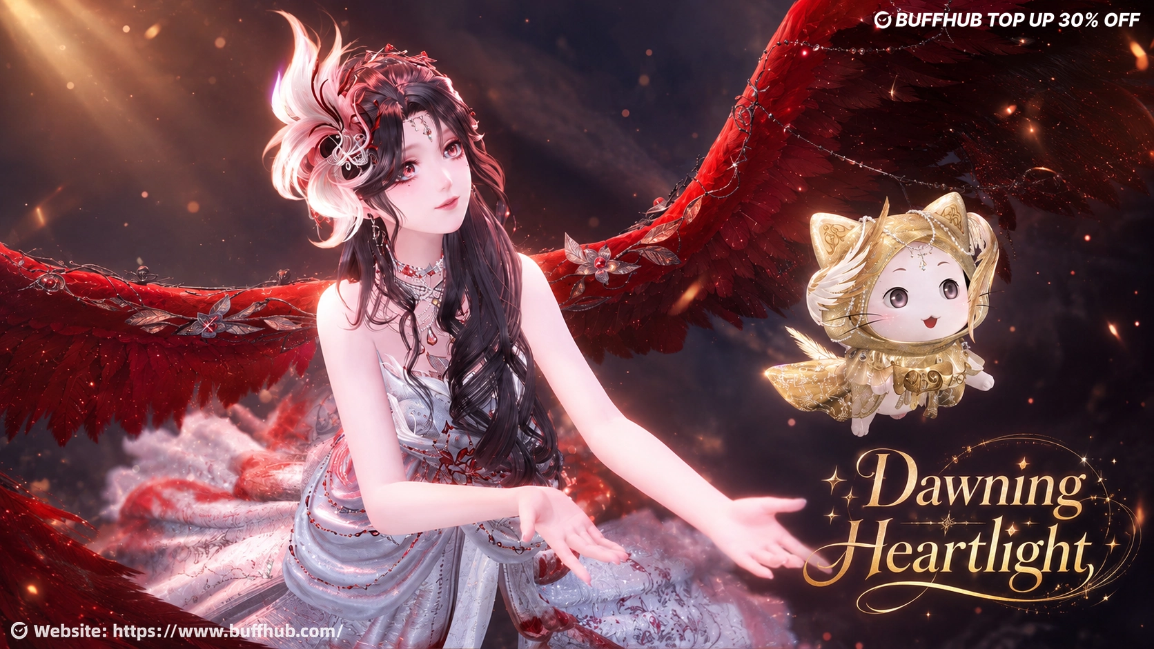 Infinity Nikki Dawning Heartlight outfit with red wings and Momo.