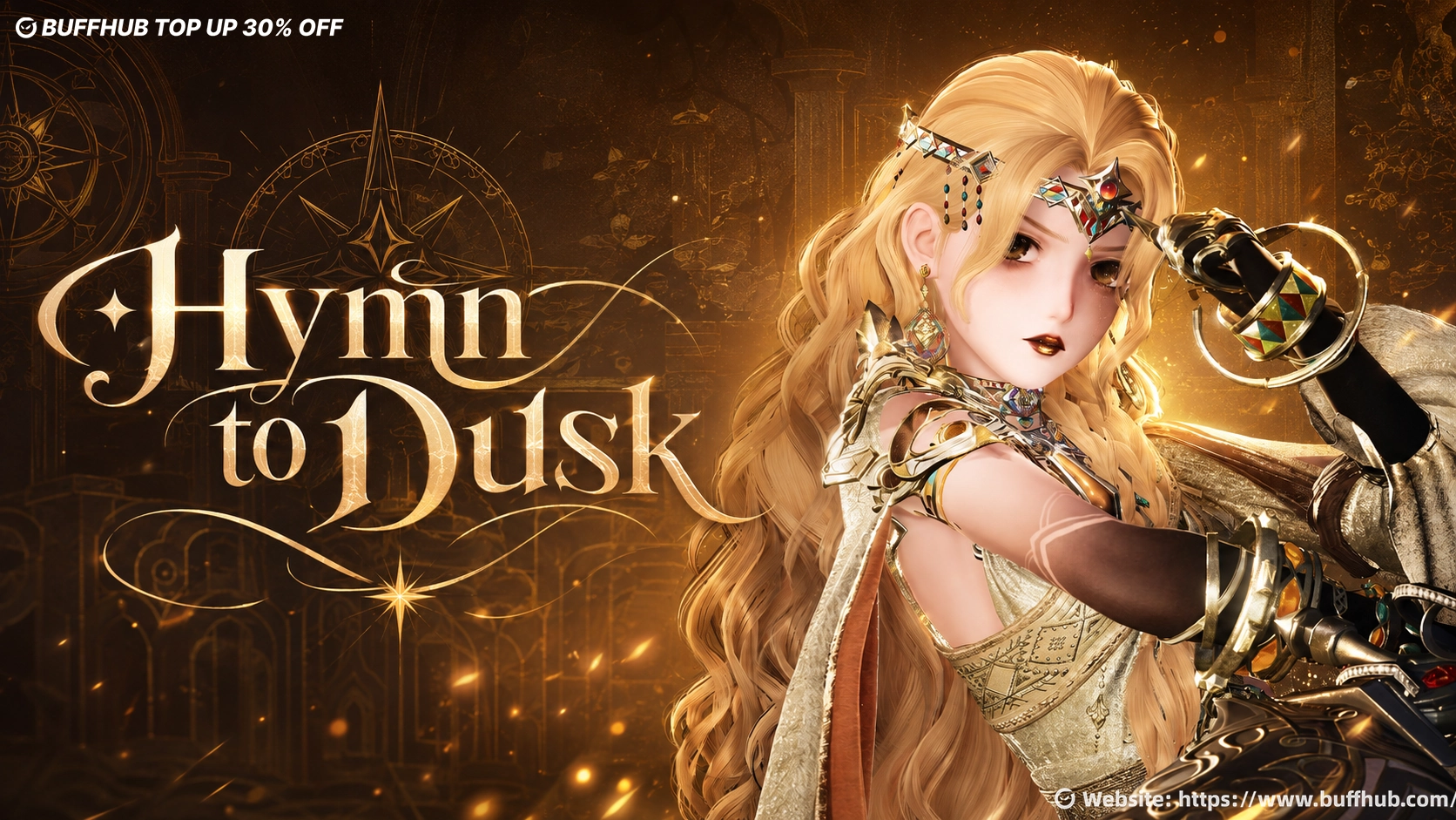 Infinity Nikki Hymn to Dusk outfit featuring a golden fantasy design.