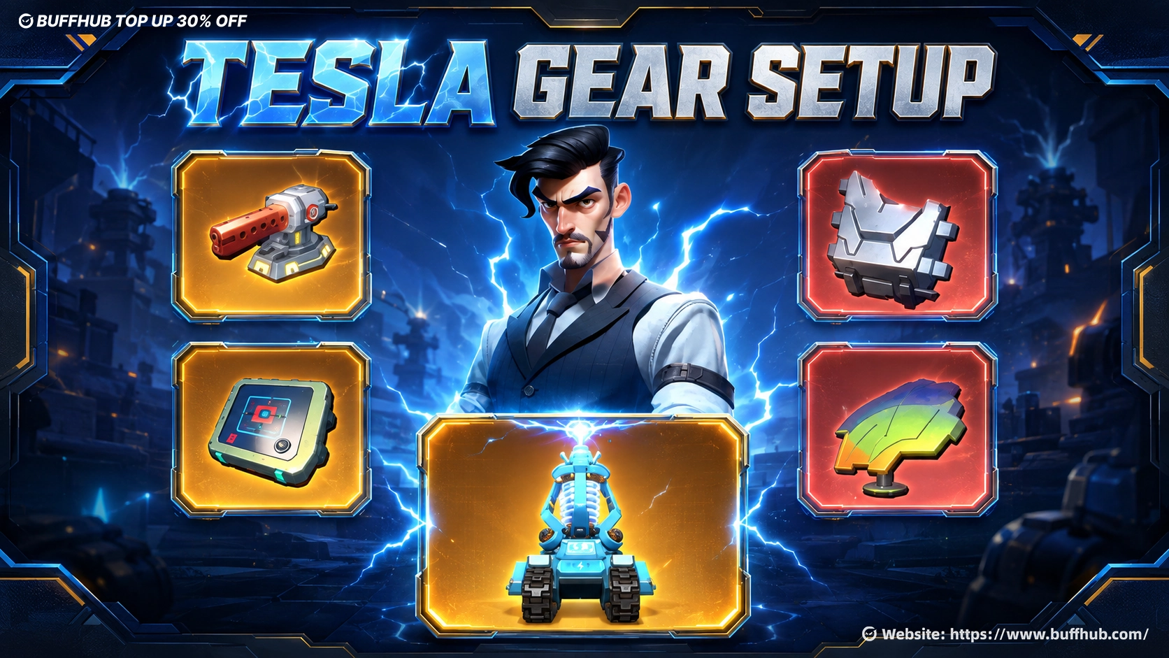 Tesla gear setup in Last War Survival featuring recommended weapon, armor, chip, radar, and exclusive weapon