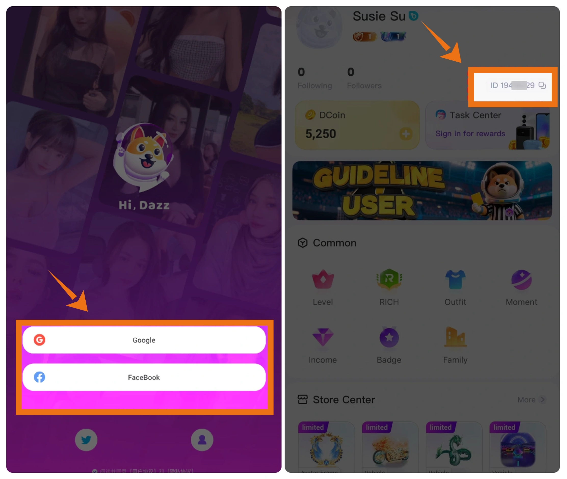 Dazz Live profile page showing the User ID