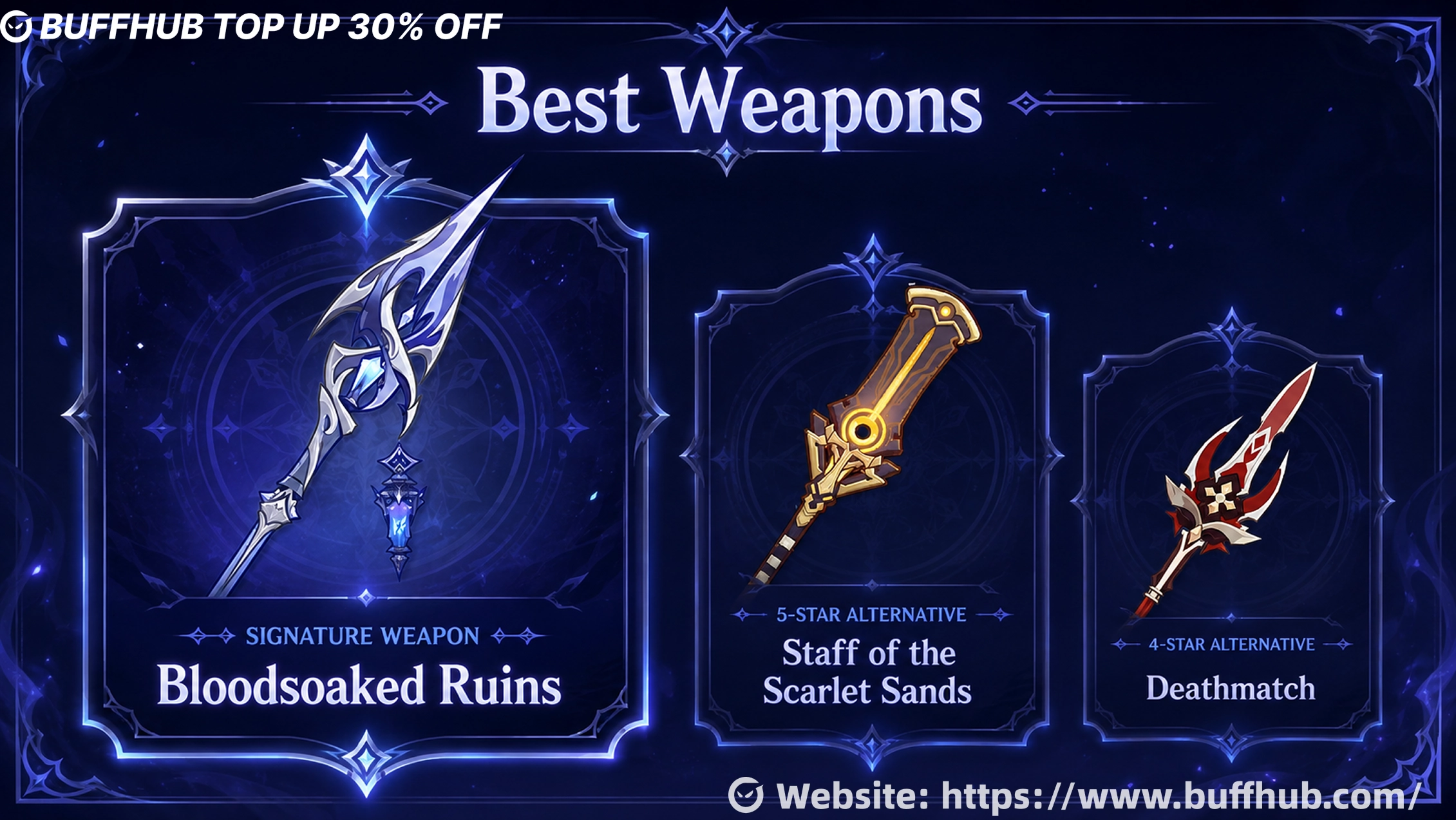 Best weapons for Flins: Bloodsoaked Ruins, Staff of the Scarlet Sands, and Deathmatch.