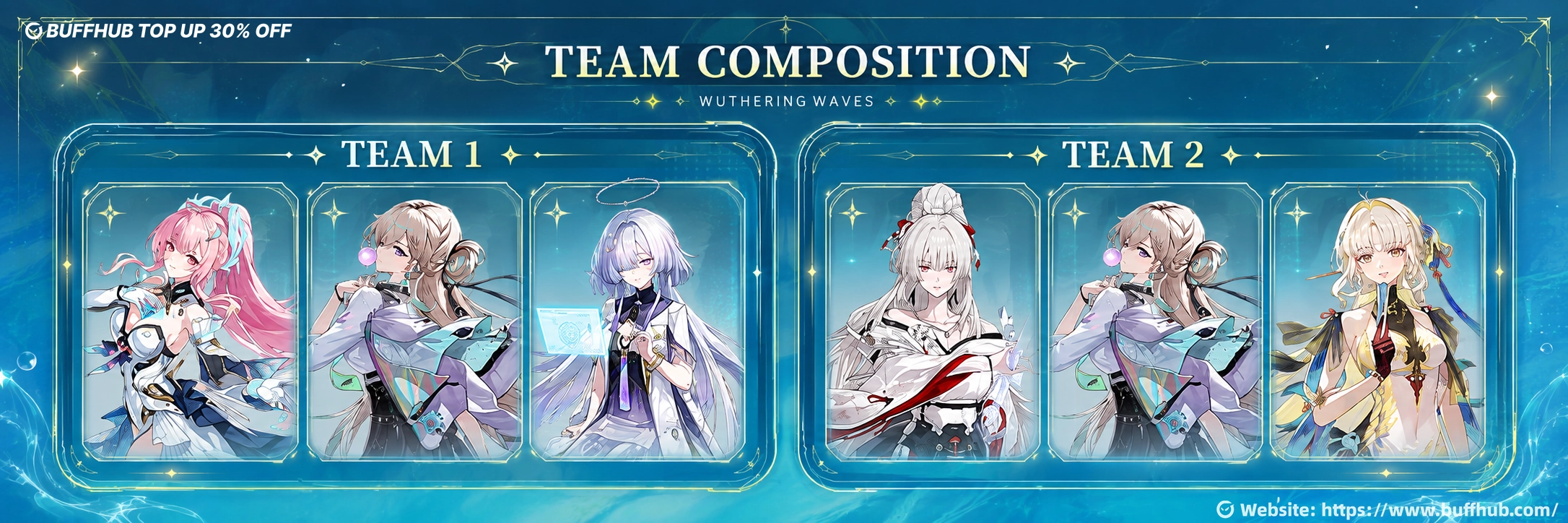 Wuthering Waves Lynae team composition guide showing two recommended Lynae teams with featured support and DPS partners for optimal synergy in WuWa 3.0.