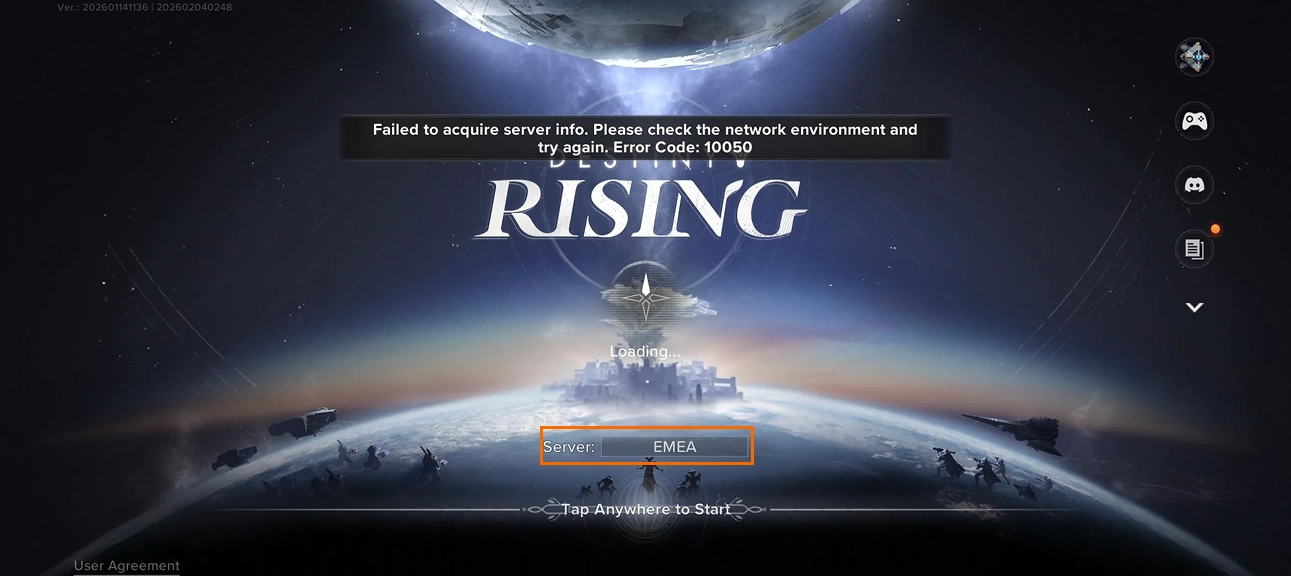 Skrin log masuk Destiny Rising yang menunjukkan Nama Server sebelum memasuki game