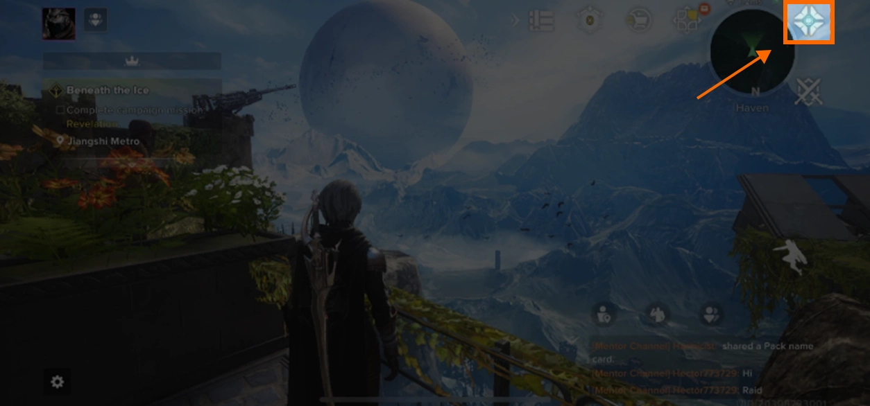 Skrin permainan Destiny Rising yang menunjukkan ikon profil peribadi di sudut kanan atas