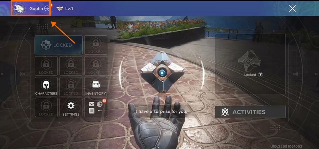 Menu profil peribadi Destiny Rising yang menunjukkan nama watak dalam game