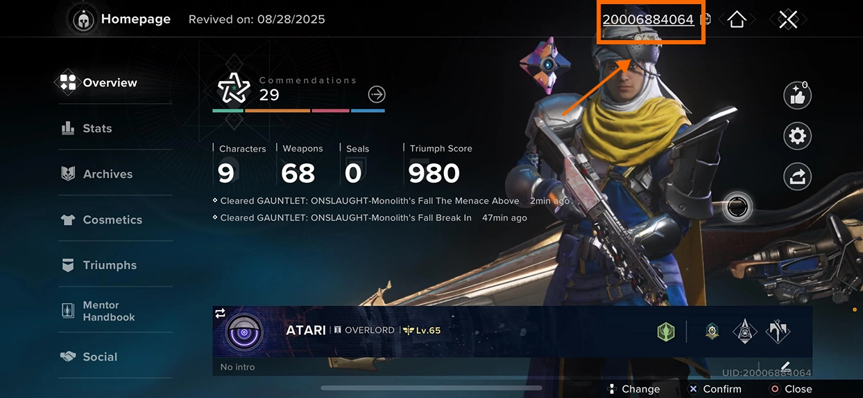 Halaman utama watak Destiny Rising yang menunjukkan UID pemain di sudut kanan atas