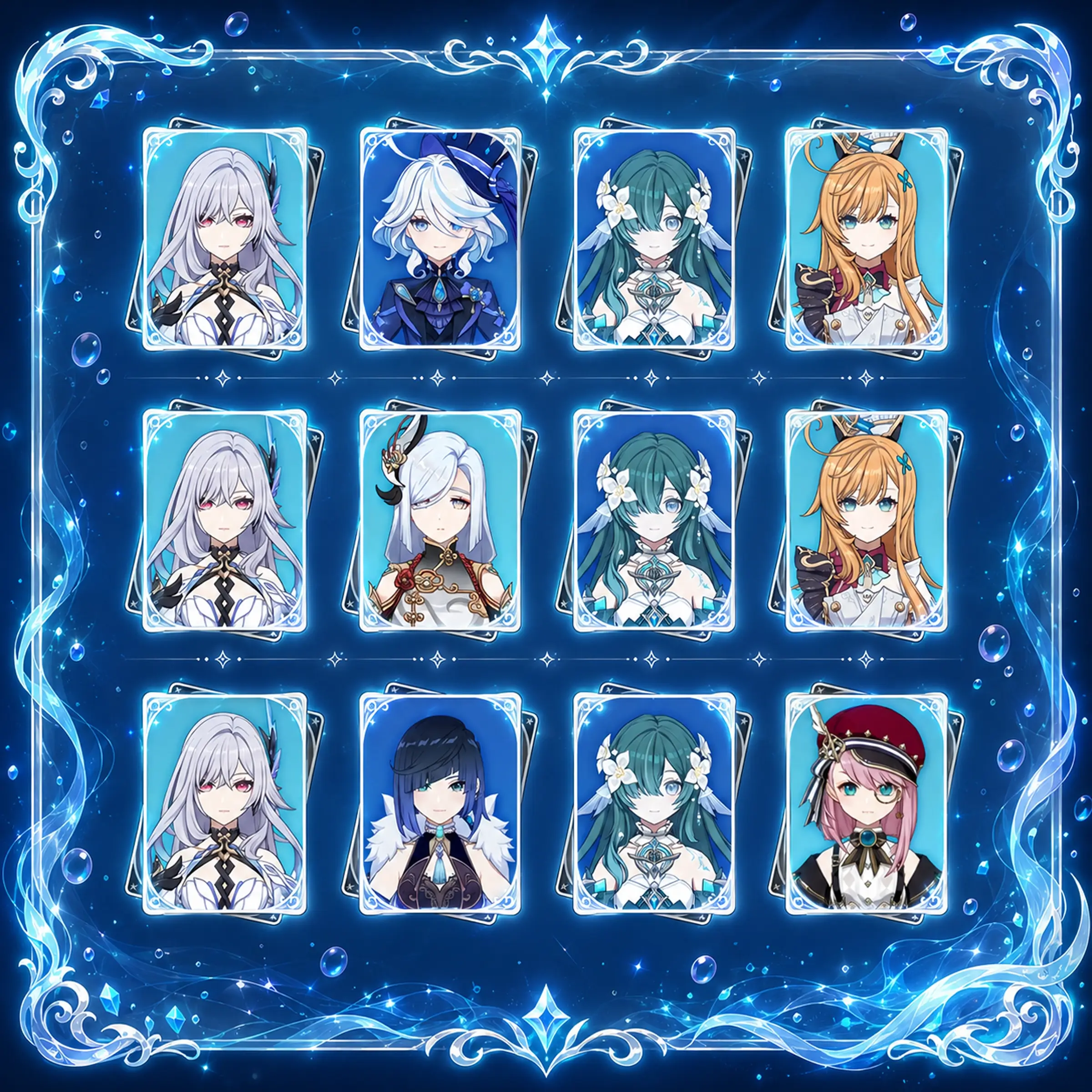 Vodyanitsa team comps infographic featuring proposed Hydro and Cryo support teams for her pre-release Genshin Impact build.