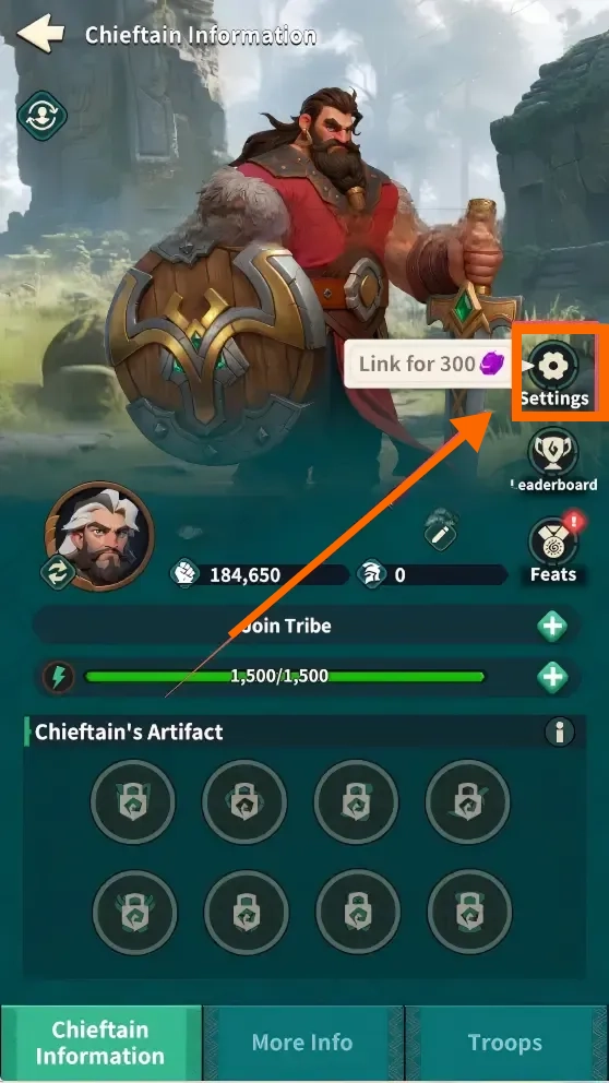 Fate War Chieftain Information page highlighting the Settings button