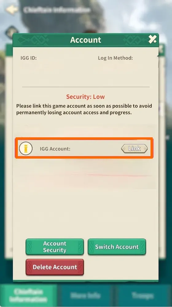 Fate War Account page showing the IGG Account Link option