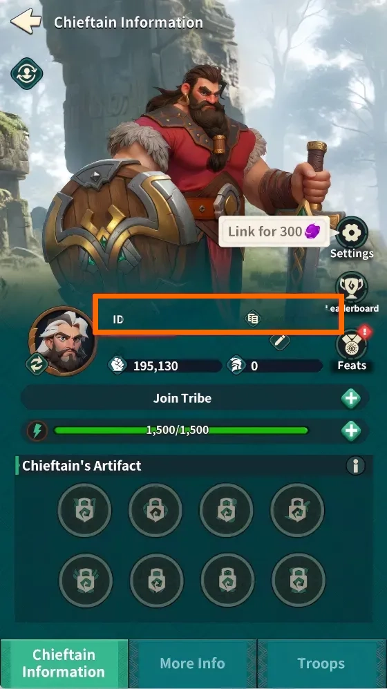 Fate War Chieftain Information page showing the player ID field