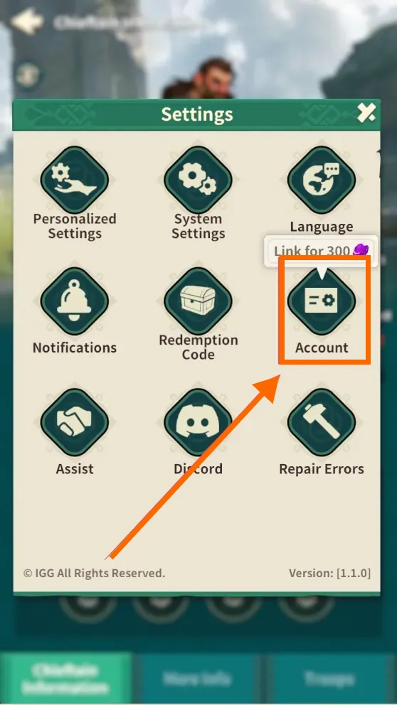 Fate War Settings menu highlighting the Account option