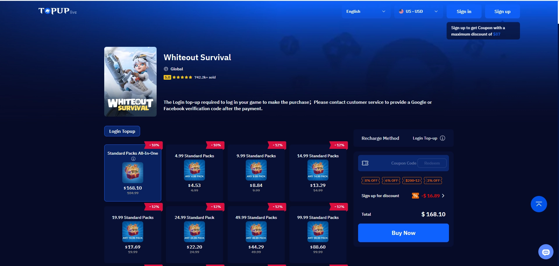 TOPUPlive Whiteout Survival top-up page displaying discounted Standard Packs, All-In-One bundle pricing, and Login Top-Up options in 2026.