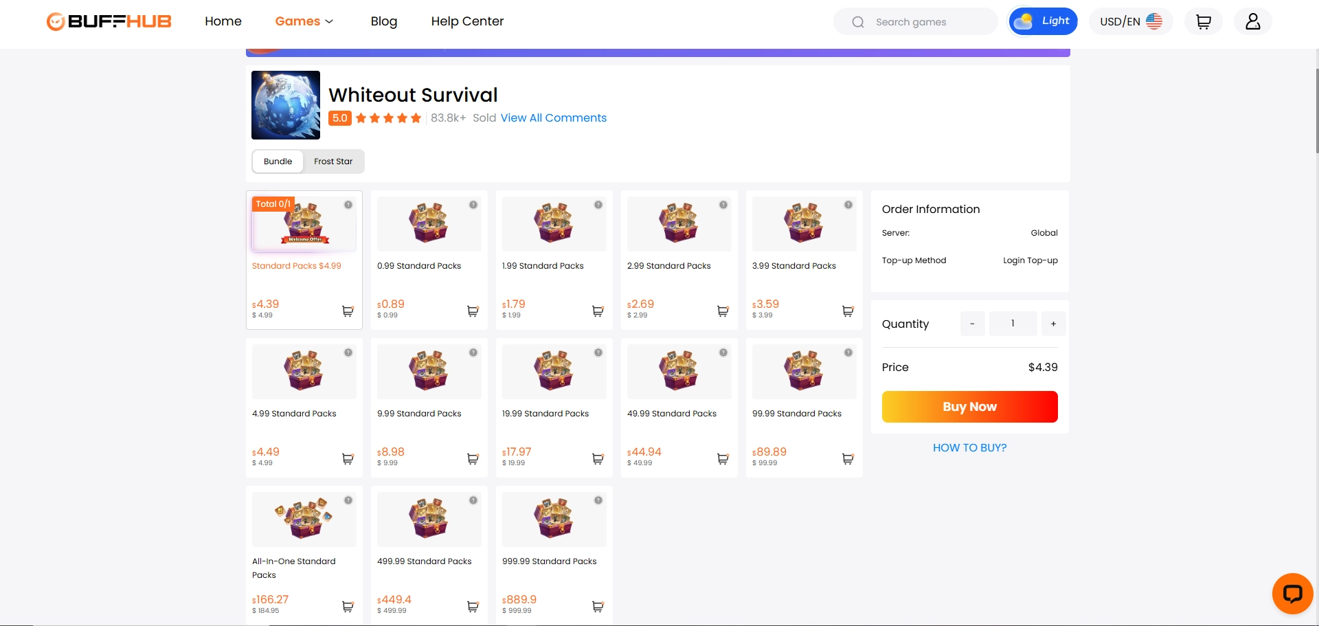 BuffHub Whiteout Survival top-up page showing discounted Standard Packs, Frost Star options, All-In-One bundles, and Login Top-Up pricing in 2026.