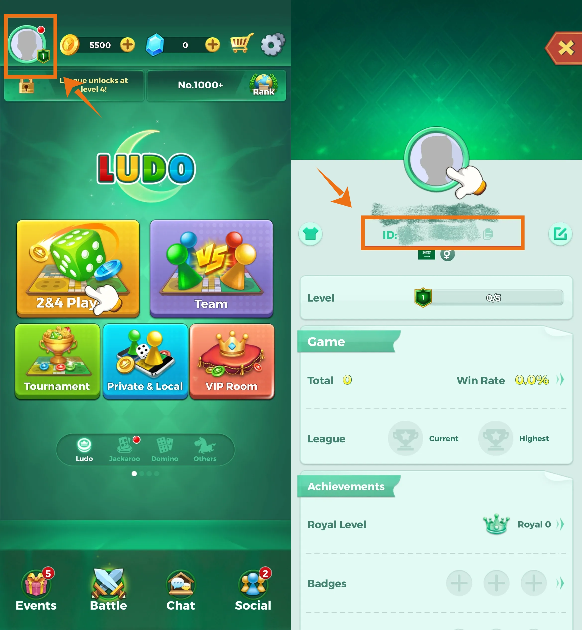 Pagina del profilo dell'account Yalla Ludo che mostra il Player ID