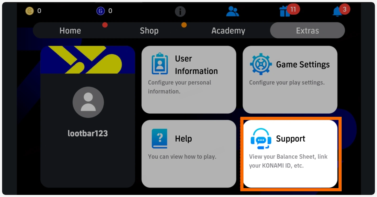 eFootball Extras-Men&uuml; mit der Option Support
