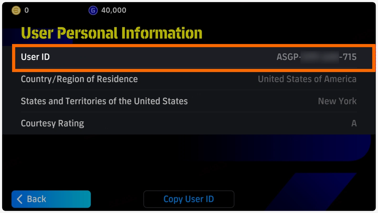 eFootball User Personal Information mit angezeigter User ID
