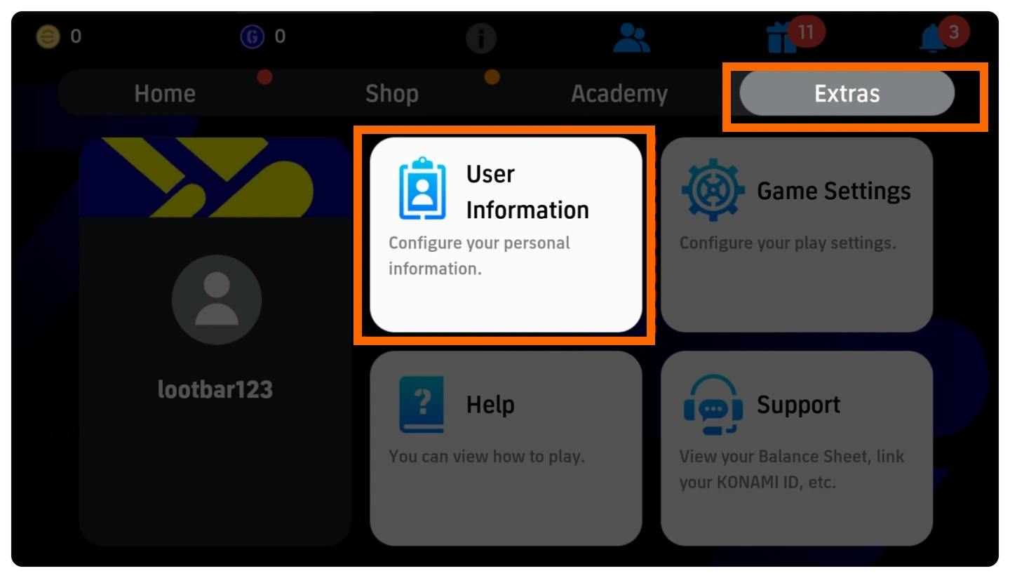 eFootball Extras-Men&uuml; mit der Option User Information
