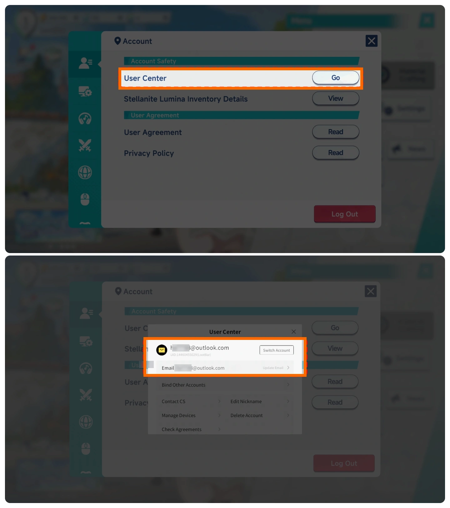 Stella Sora User Center showing the linked login email for account top up