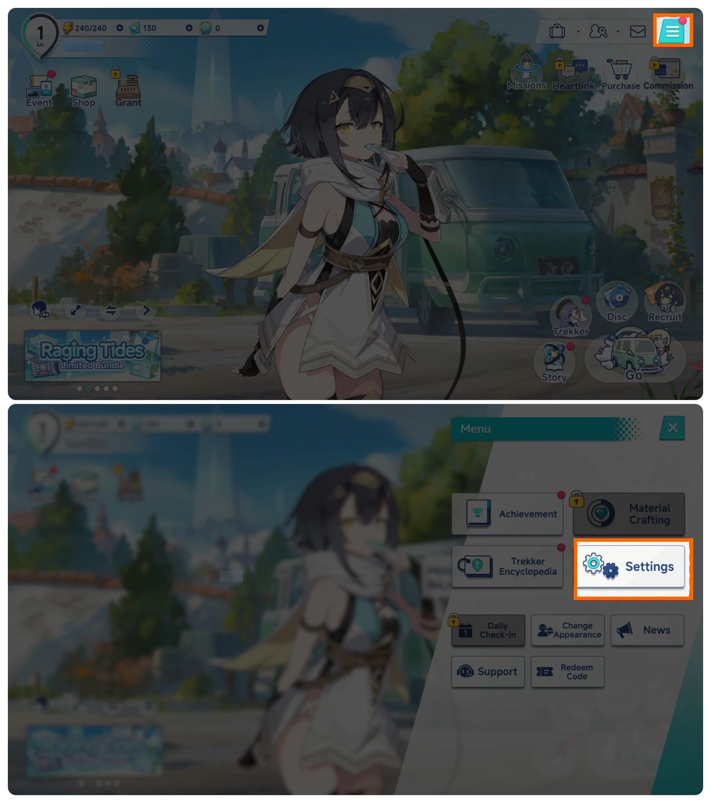 Stella Sora Menu and Settings buttons for finding account login information