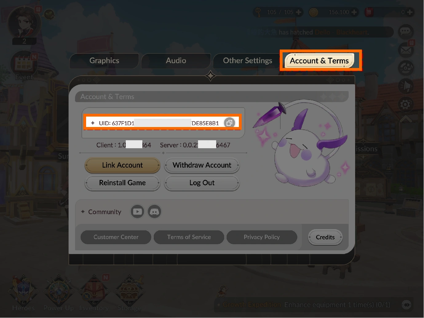 Seven Knights Re:BIRTH Account and Terms screen showing where to find and copy the player UID