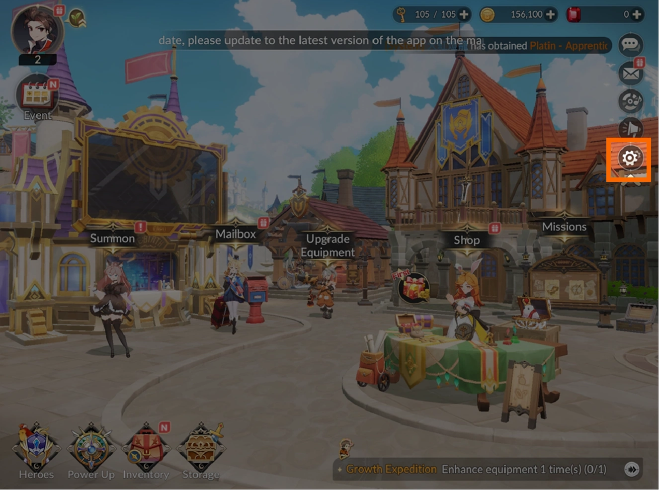 Seven Knights Re:BIRTH home screen showing the Settings button used to access account settings