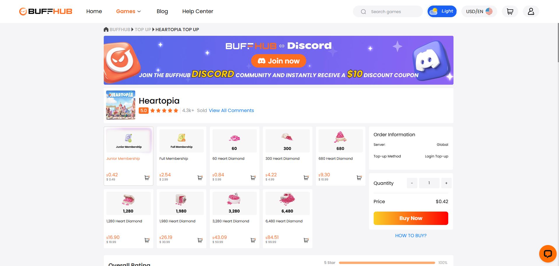 BuffHub Heartopia top-up page showing Heart Diamond packs, Junior and Full Membership options, and global login top-up checkout
