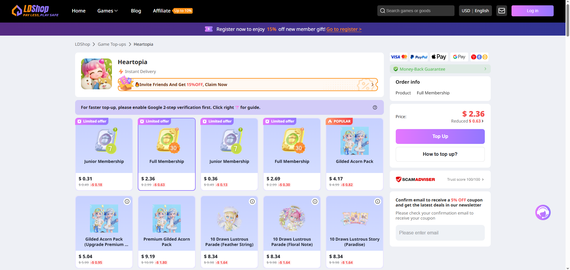 LDShop Heartopia top-up page showing membership packs, in-game bundles, and login-based recharge options for PC and mobile players