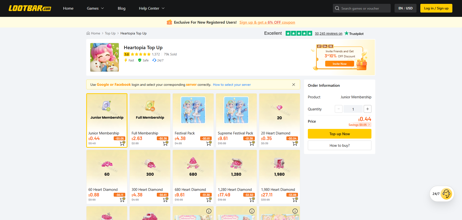 LootBar Heartopia top-up page with Heart Diamonds, Junior and Full Memberships, Festival Packs, and Self-TopUp options