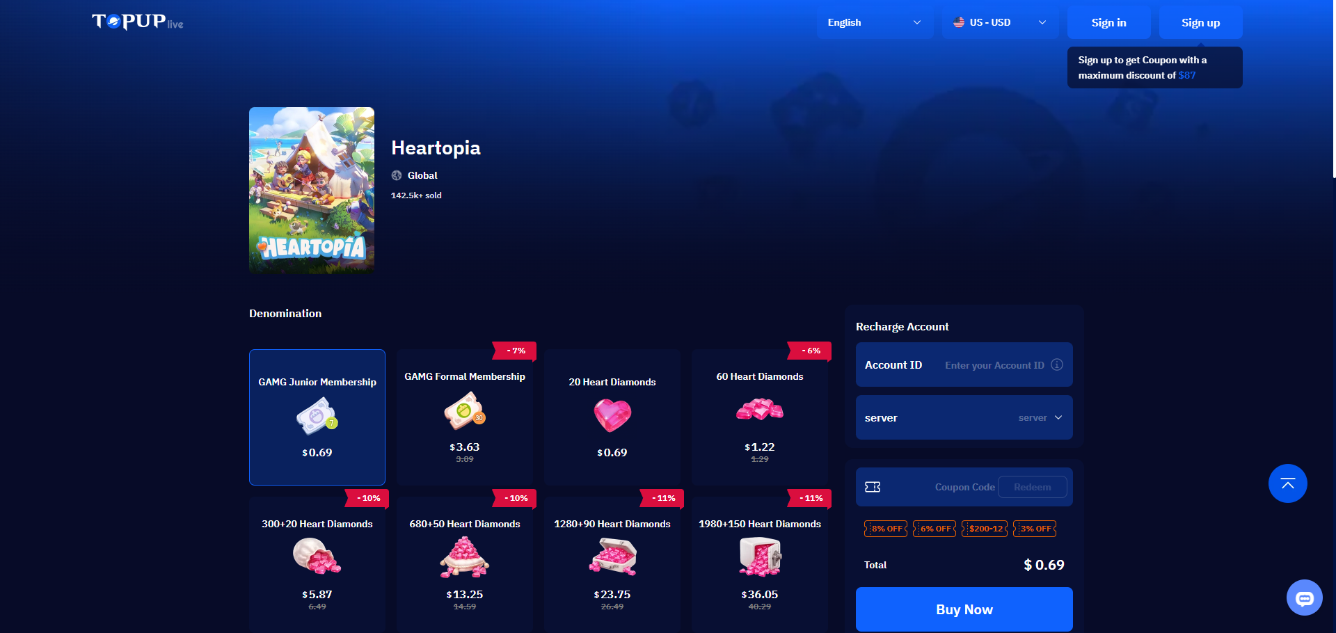 TOPUPlive Heartopia top-up page showing Heart Diamond bundles, GAMG Memberships, Account ID entry, and server-based recharge