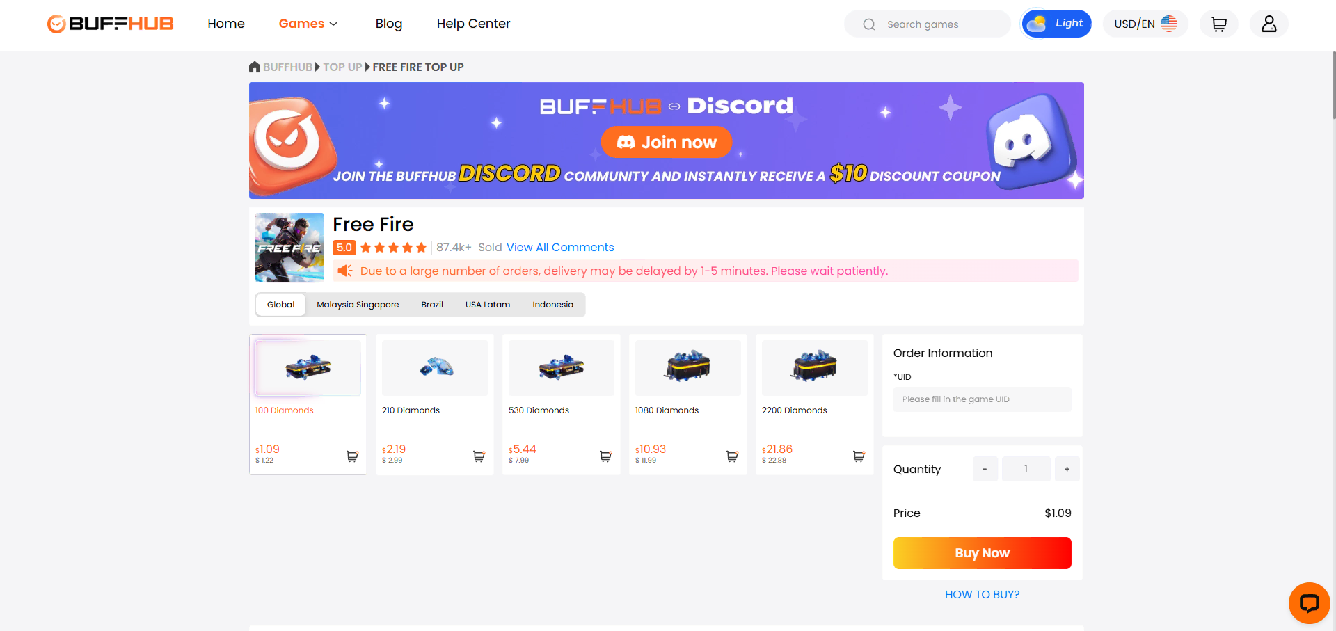BuffHub Free Fire top-up page showing UID entry, regional server options, and Diamond recharge packages