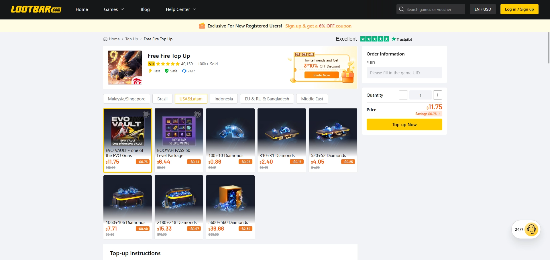LootBar Free Fire top-up page with Diamond bundles, Booyah Pass products, regional servers, and UID recharge