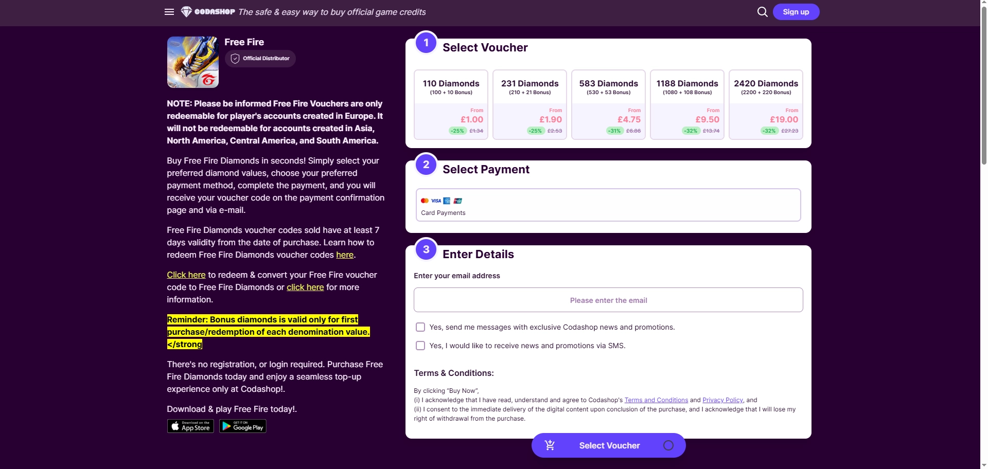 Codashop Free Fire voucher checkout showing Diamond voucher options, payment selection, and email delivery details