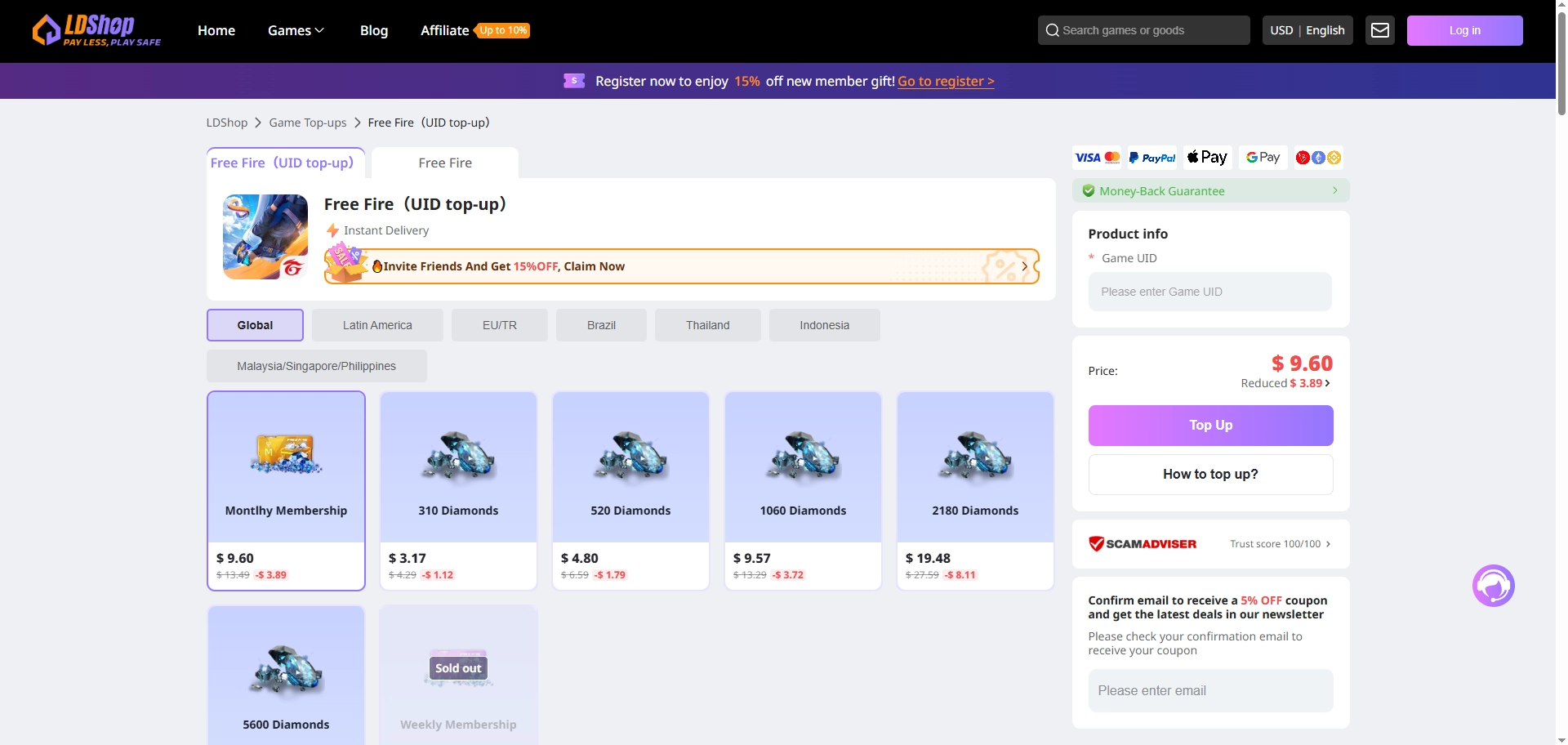 LDShop Free Fire UID top-up page showing Diamond packages, regional server selection, and Player UID checkout