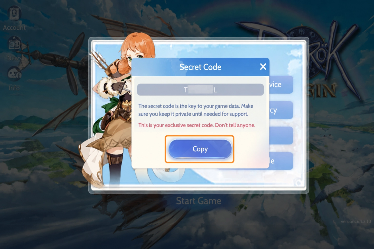 Ragnarok Origin Global Copy button for copying the Secret Code
