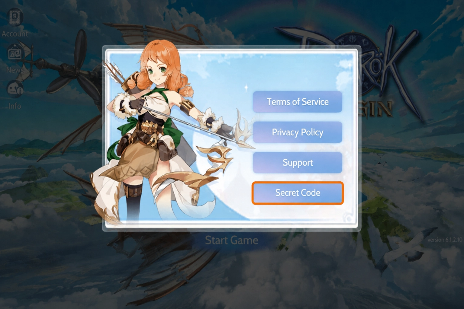 Ragnarok Origin Global Secret Code button in the Info menu