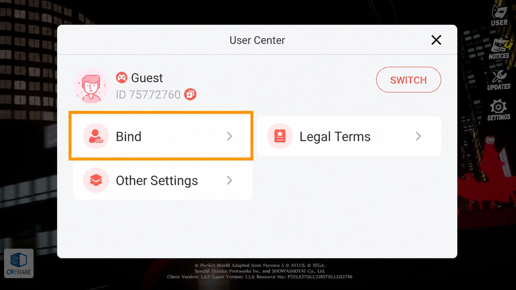 Persona5: The Phantom X User Center showing the Bind option used to access account linking settings